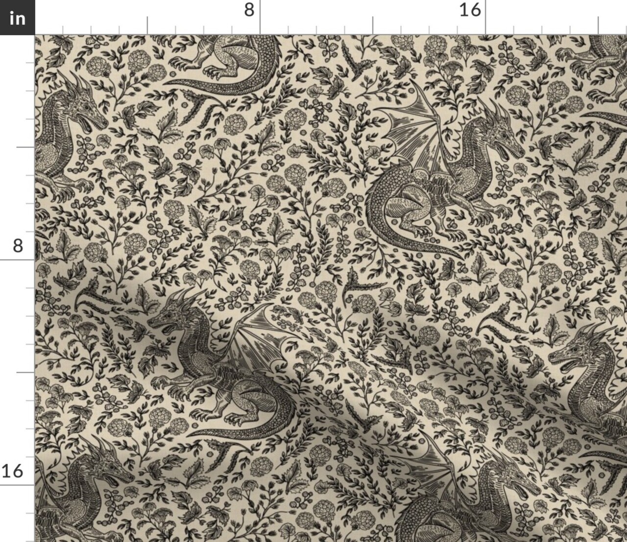 Dragon Toile Floral Vines Mythical Creature Magic Neutral Leaves Flowers Custom Printed Fabric by Spoonflower Various Fabrics by the Yard or Fat Quarter